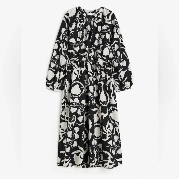 H&M Cotton Green & White Palm Leaf Tie Midi Maxi Long Sleeve Dress - Picture 14 of 14